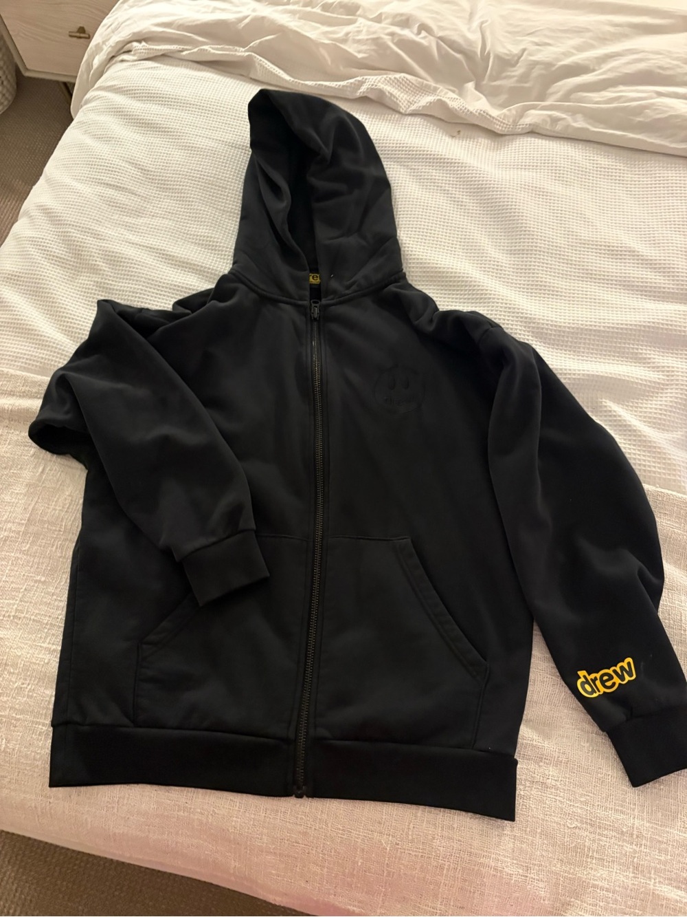 DREW Black Zip Hoodie with Yellow Logo on Sleeve